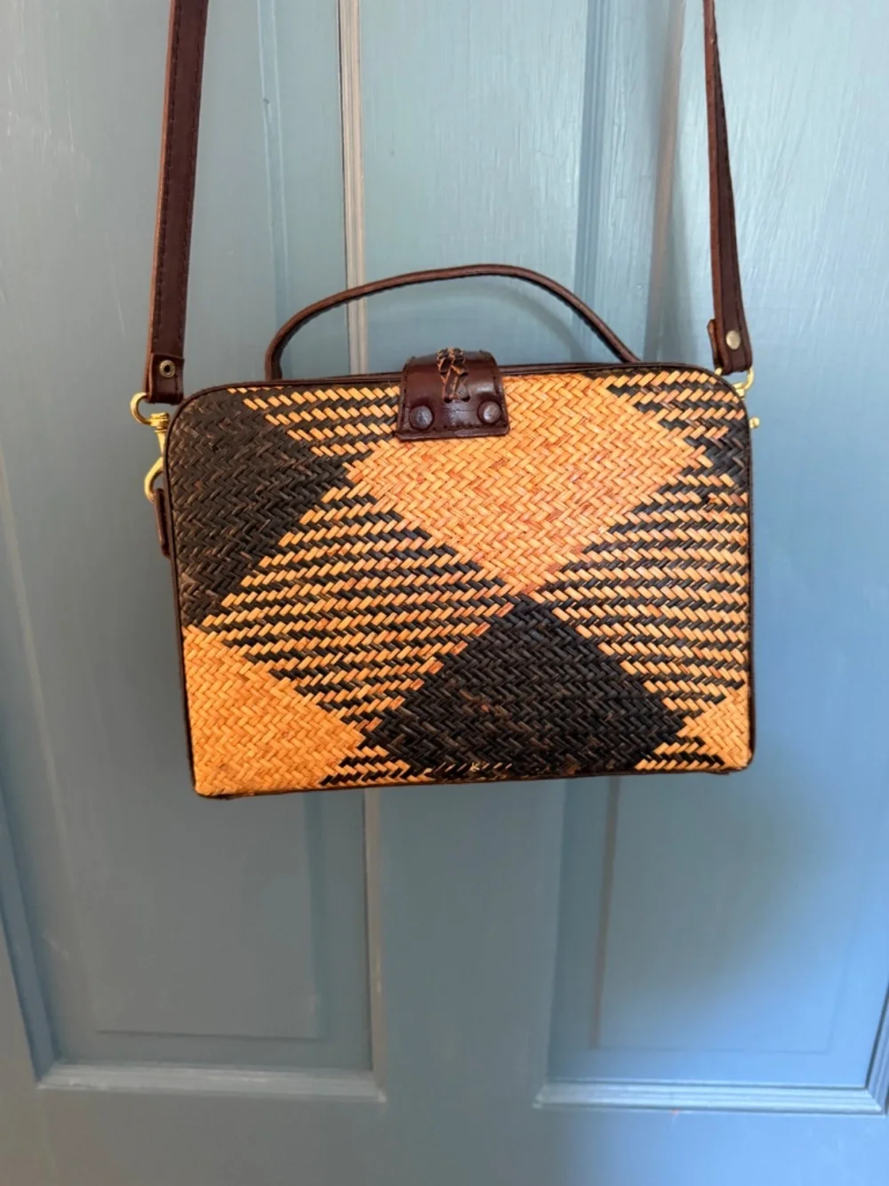 Elliott Lucca Woven Rattan Crossbody Bag Brown Tan